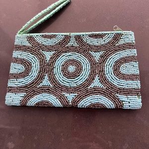 BRAND NEW hand clutch BEADED bag with wrist handle 8"X5" in Turquoise and Brass